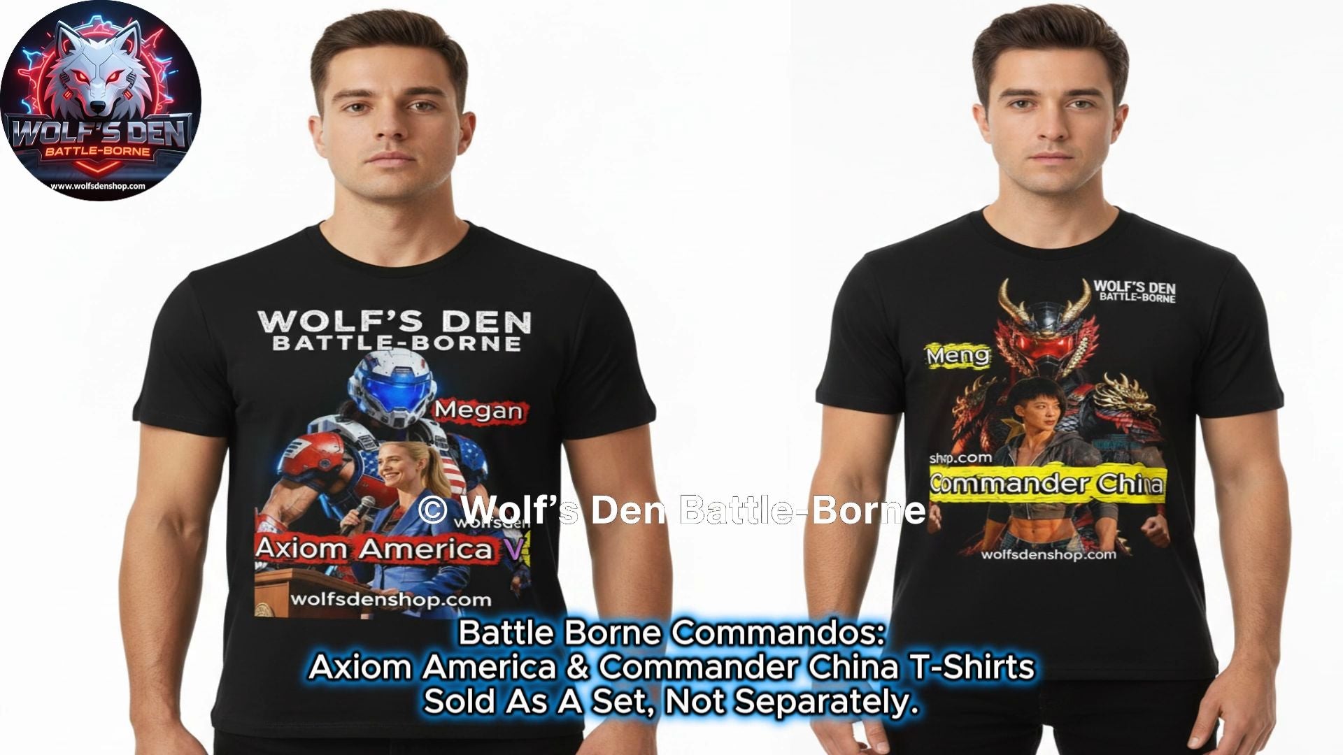 Axiom America graphic tee — Wolf's Den Battle-Borne 
collector streetwear featuring Megan Kennedy in 
red white and blue power armor
