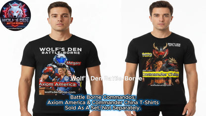 Axiom America graphic tee — Wolf's Den Battle-Borne 
collector streetwear featuring Megan Kennedy in 
red white and blue power armor