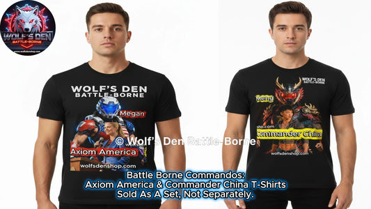 Axiom America graphic tee — Wolf's Den Battle-Borne 
collector streetwear featuring Megan Kennedy in 
red white and blue power armor