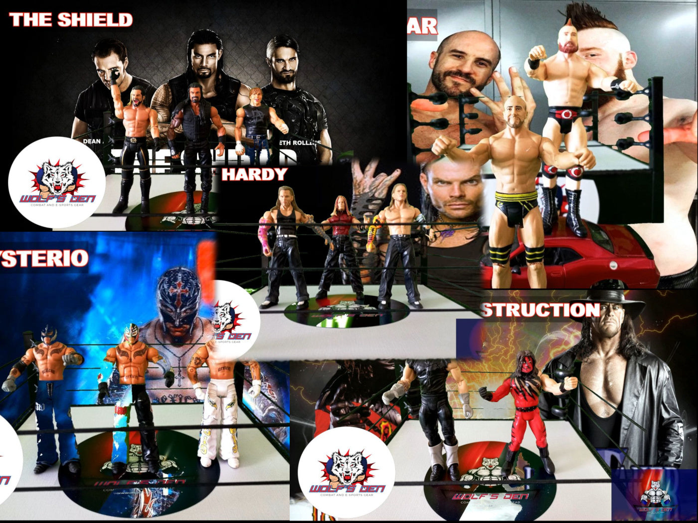 The Shield Pack Pro Wrestling AEW and WWE Action Figures The Shield Seth Rollins Dean Ambrose Roma Reigns Jeff Hardy Rey Mysterio Undertaker Kane