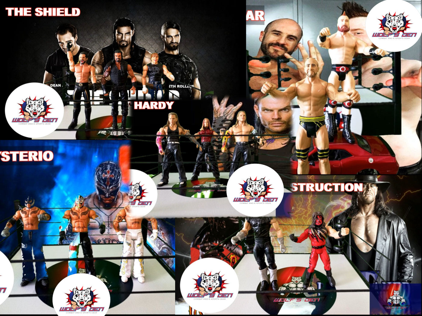 The Shield Pack Pro Wrestling AEW and WWE Action Figures The Shield Seth Rollins Dean Ambrose Roma Reigns Jeff Hardy Rey Mysterio Undertaker Kane