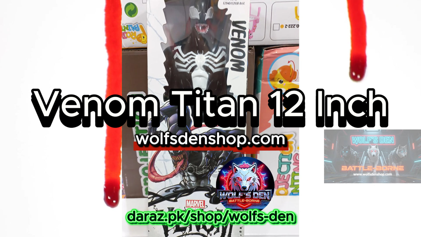 Venom Titan 12 Inch toy with packaging and branding details on a white background