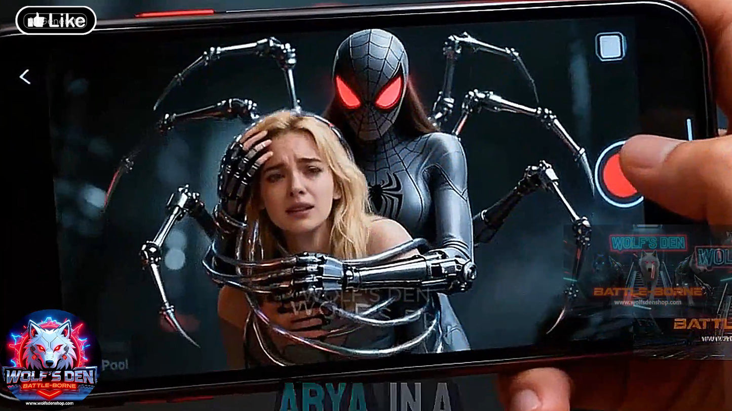 Phone screen displaying a superhero movie scene with a character holding a woman, surrounded by mechanical arms.